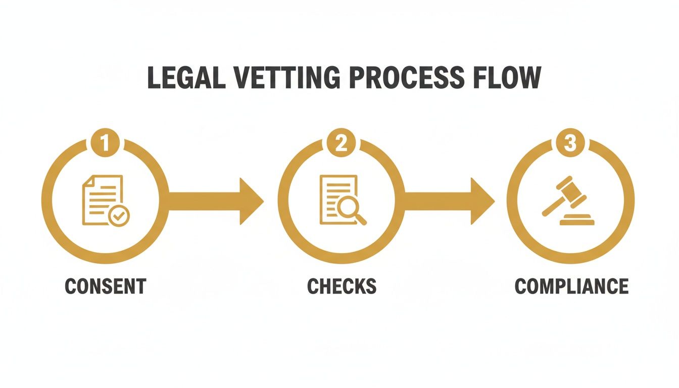 Legal vetting process flow diagram illustrating three sequential steps: consent, checks, and compliance.