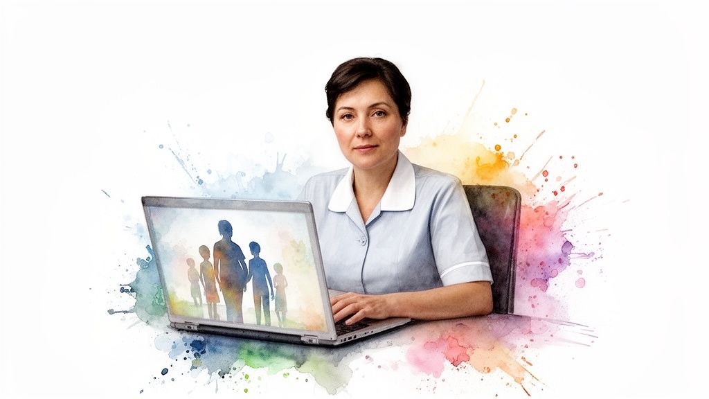 Maternity nurse working on laptop with family silhouettes, surrounded by vibrant watercolor art.