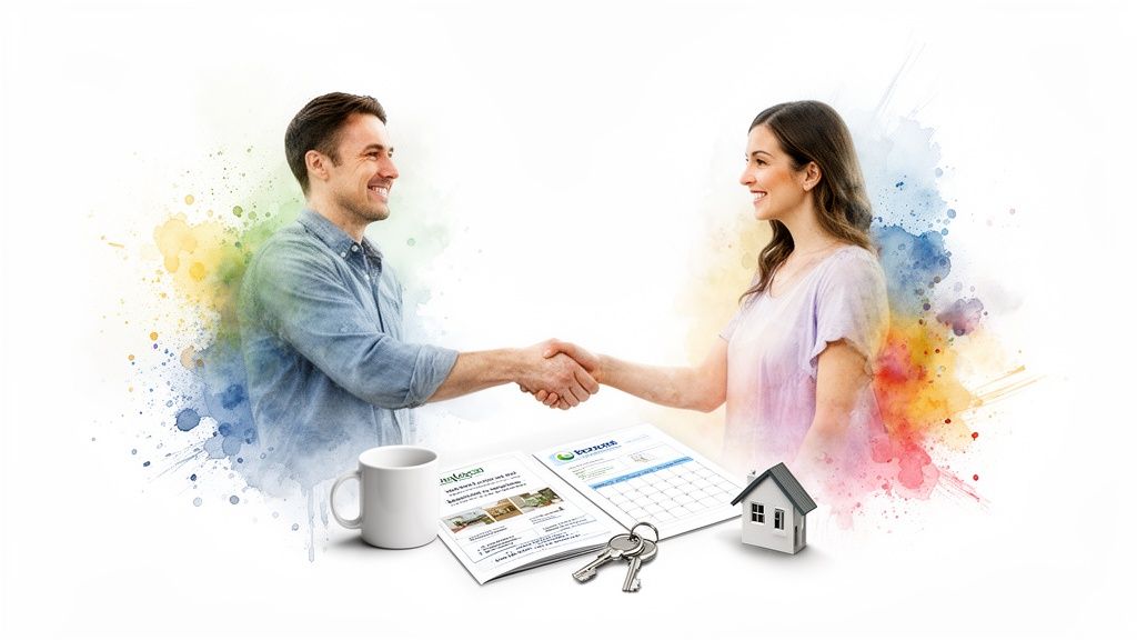 A man and a woman smiling and shaking hands, with documents, keys, and a model house below.