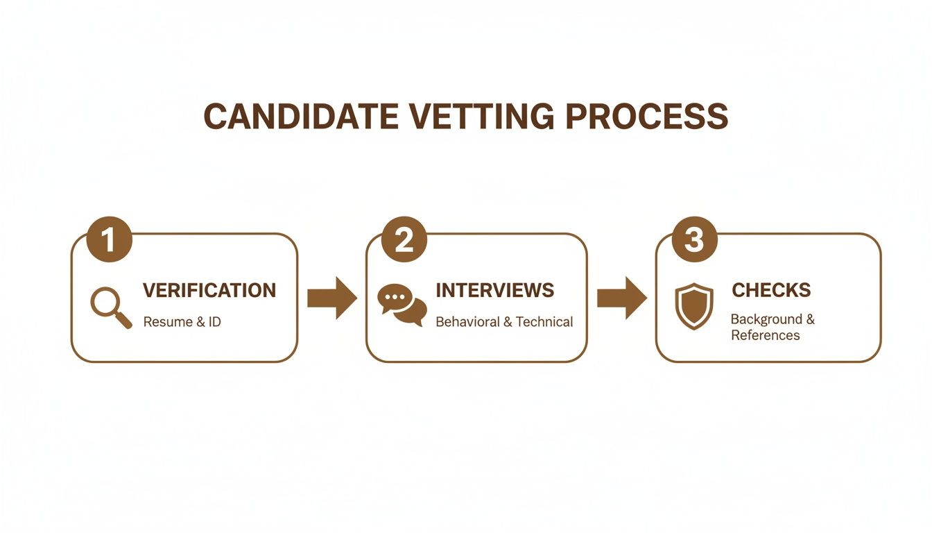 Infographic showing the candidate vetting process with steps for verification, interviews, and background checks.
