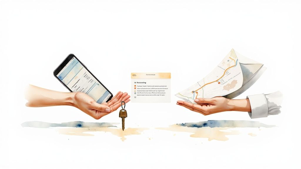 Two people, a client and a new driver, shaking hands in front of a luxury car.