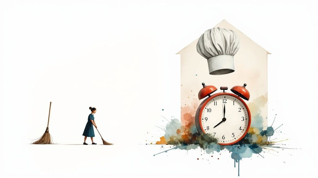 A formally dressed housekeeper carefully arranging a vase of flowers on a polished wooden table in a luxurious home.