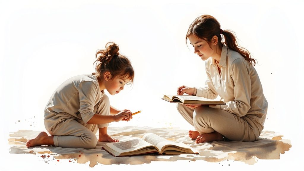 A professional governess having a conversation with a family in a well-lit room