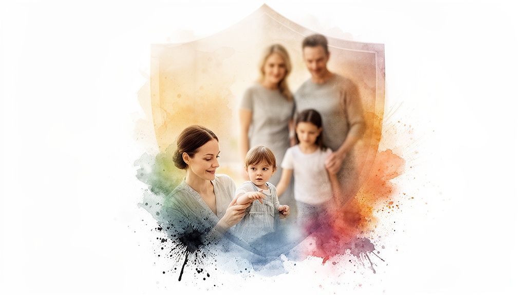 A happy family with two parents and two children, including a baby, portrayed within a protective watercolor shield.