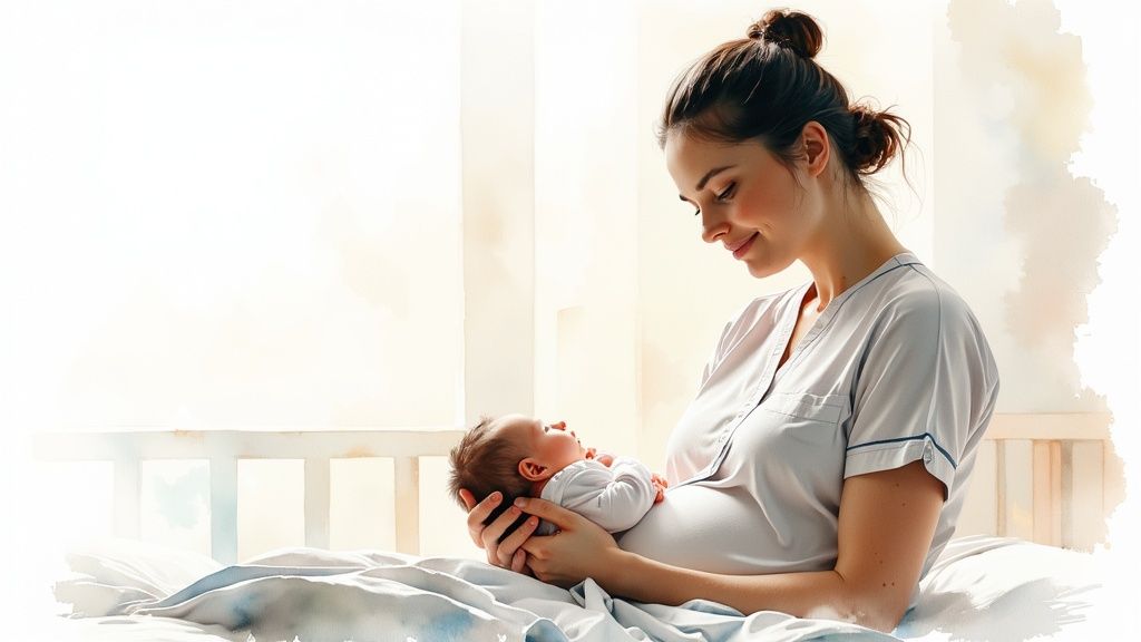 A maternity nurse gently holding a newborn baby in her arms
