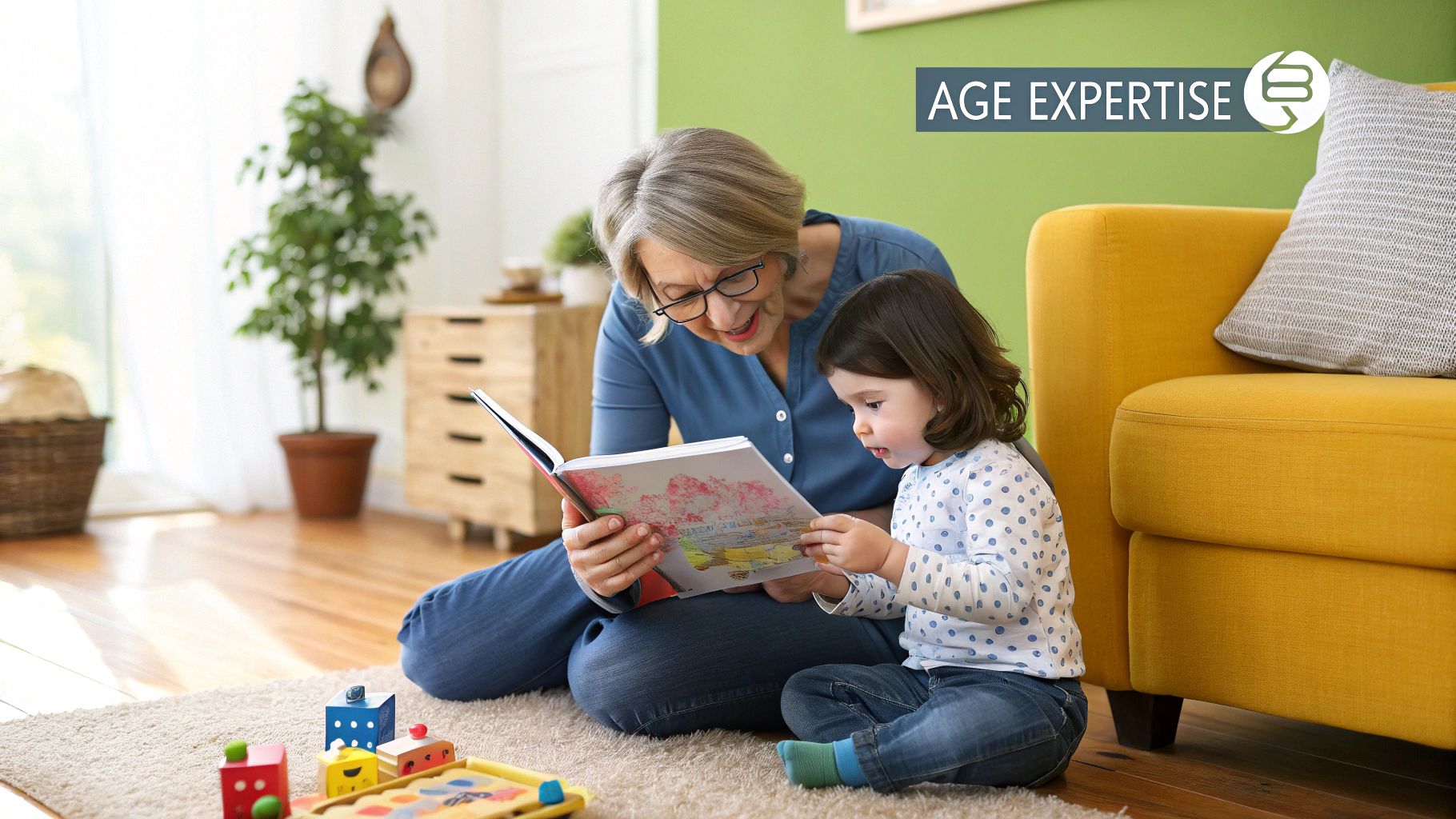 A nanny smiling and playing with a young child on a colourful play mat, illustrating age-appropriate interaction.