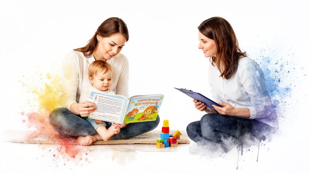 A smiling woman reads a colorful children's book to a baby, while another woman observes.