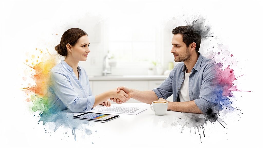 Two smiling professionals shaking hands over a table with a tablet and documents, surrounded by colorful art.