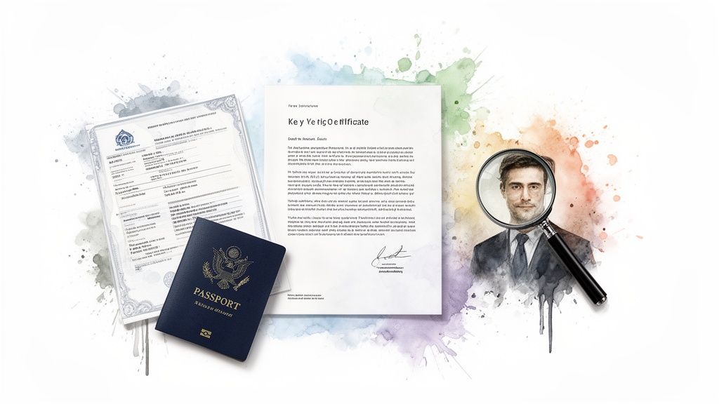 A certificate, US passport, and a man's face in a magnifying glass symbolizing identity verification.