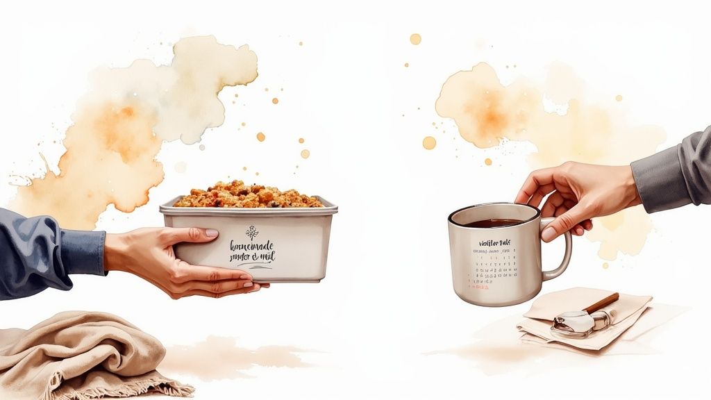 A pair of hands offers a container of homemade granola, another holds a coffee mug.