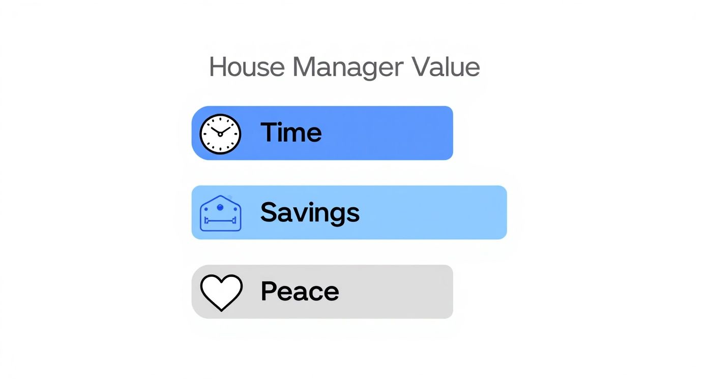 Infographic showing the value a house manager provides through icons for time, savings, and peace of mind.