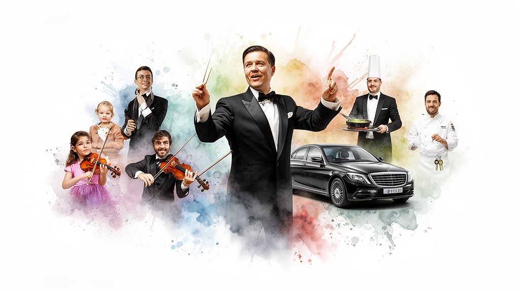 A vibrant collage featuring a conductor, chefs, musicians, children, and a luxury car, symbolizing diverse premium services.