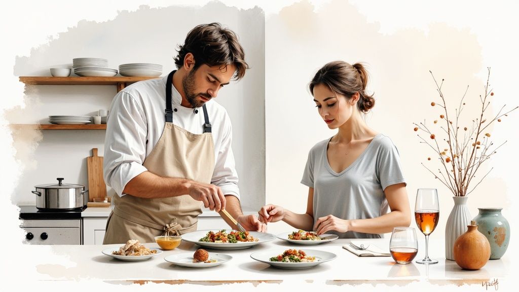 A private chef serves a beautifully plated meal to a woman at a modern dining table.
