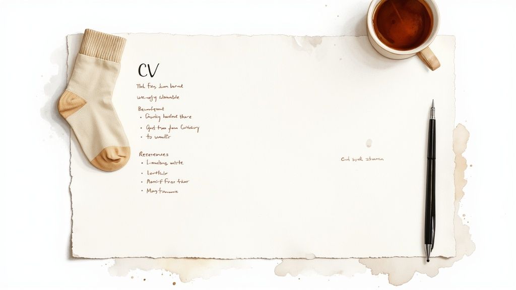 A professionally dressed woman carefully reviews a CV document at a modern desk, highlighting the importance of presentation.