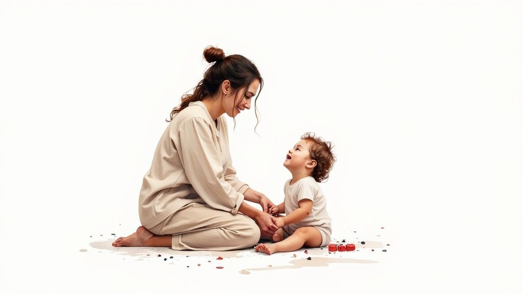 A smiling woman and a curly-haired toddler joyfully connect while playing on a white floor.