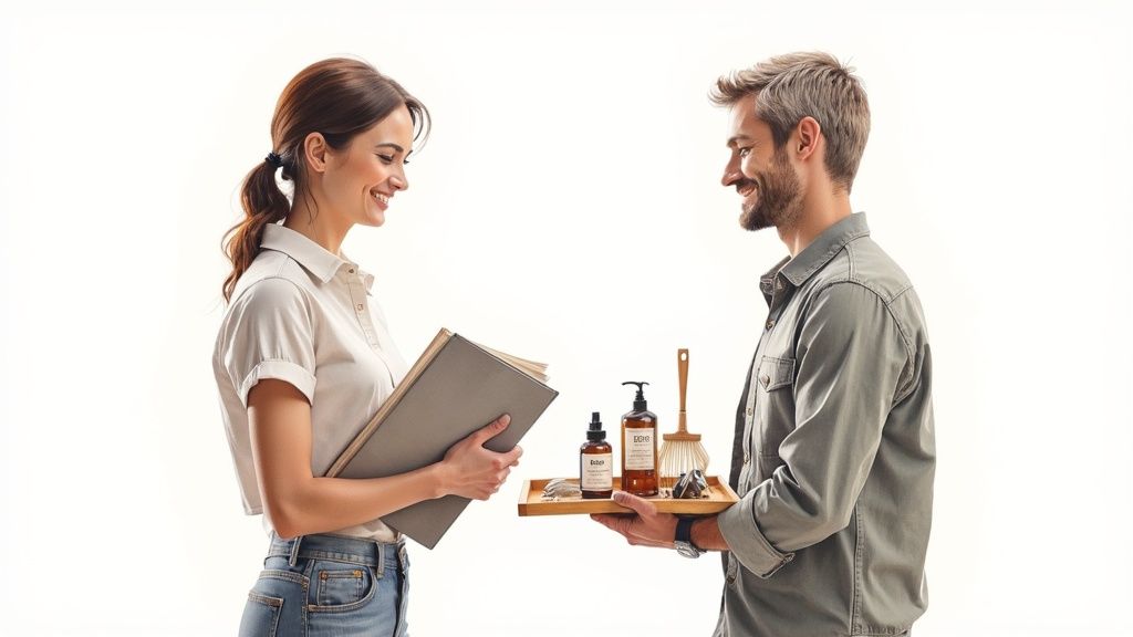 Two smiling individuals, a woman holding a book and a man holding a tray of various products.