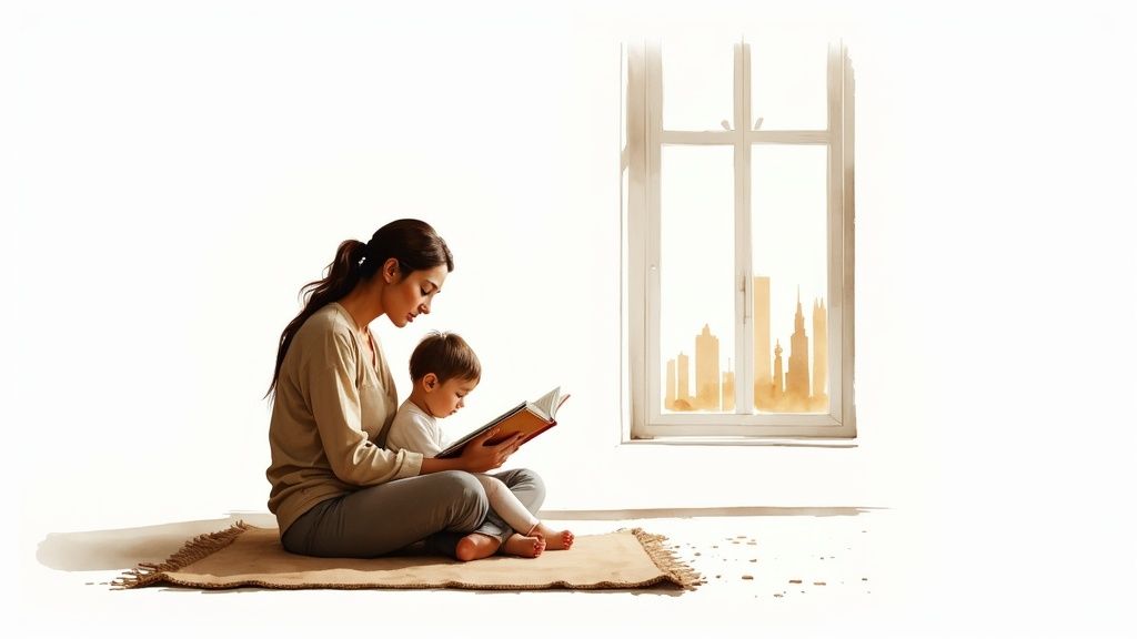 A nanny and a young girl sitting together on a luxurious sofa, reading a book in a sunlit living room.