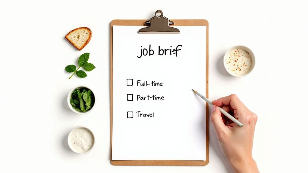 Overhead shot of a 'job brief' checklist on a clipboard with a hand holding a pen, surrounded by snacks.