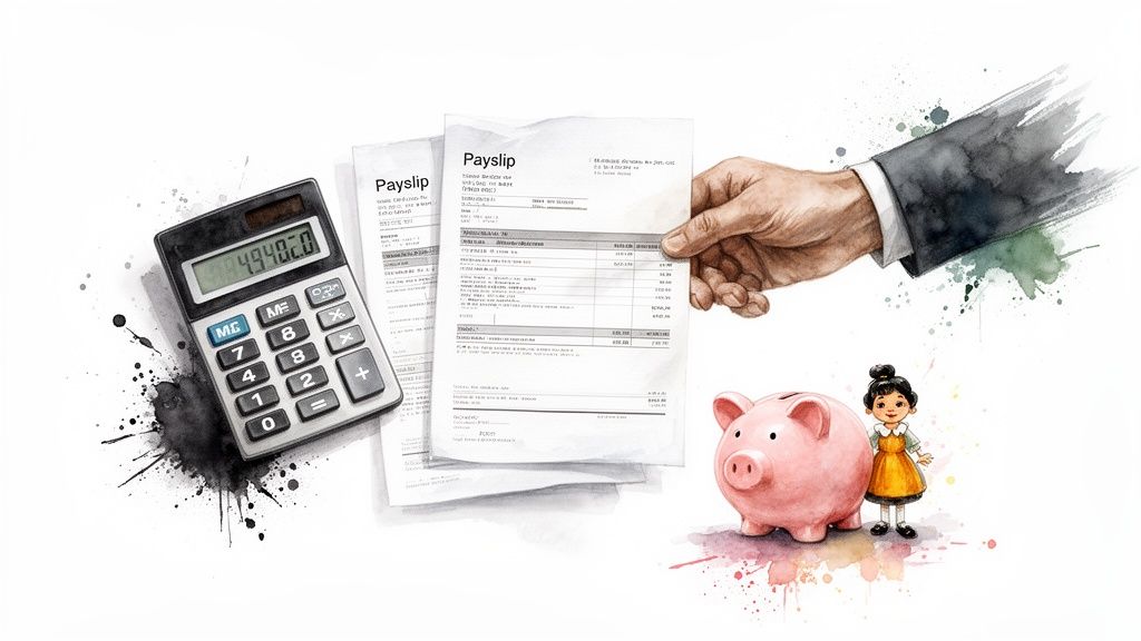 Watercolor illustration of a calculator, payslips, a hand holding a document, a piggy bank, and a child.
