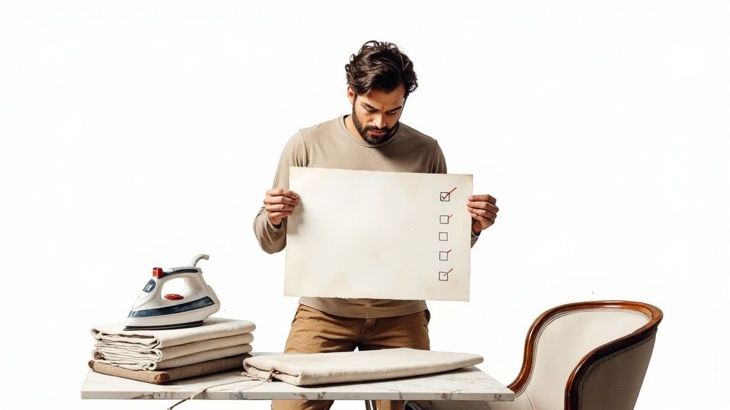 A man holds a checklist with a checked item, standing next to an iron and folded laundry.