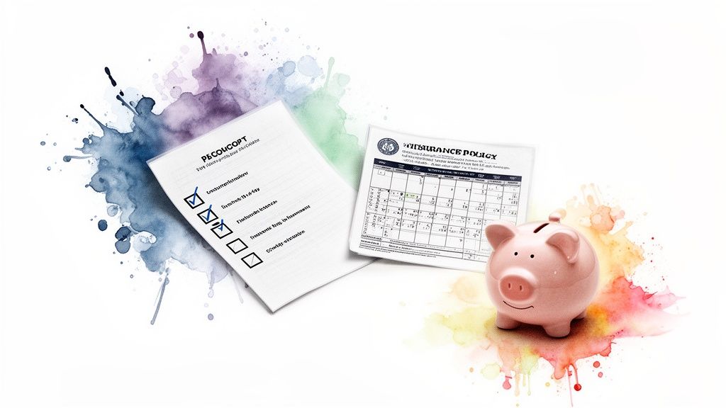 A pink piggy bank, an insurance policy document, and a checklist on a watercolor background, symbolizing financial planning.