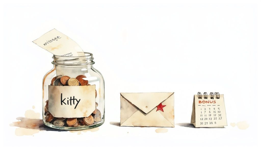 Glass jar labeled kitty filled with coins for saving money for childcare expenses