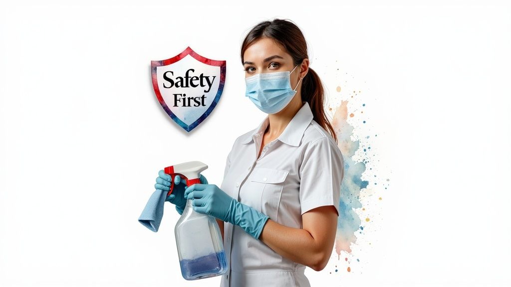 A masked cleaner in gloves holds a spray bottle and cloth, with a 'Safety First' logo.