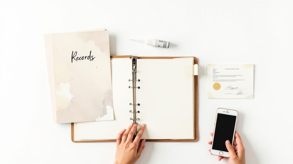 A confident nanny reviewing paperwork at a desk, looking organised and professional.