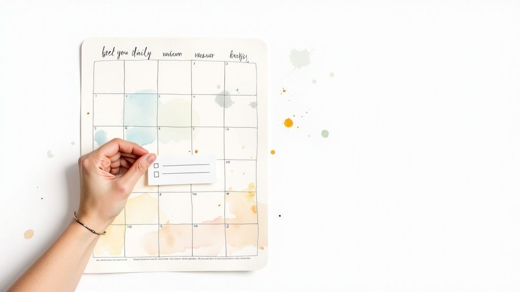 A hand places a checklist note on a watercolor calendar with colorful splashes, symbolizing planning.