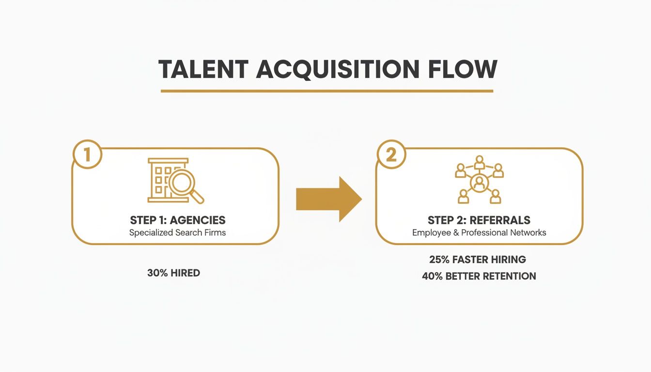 Flowchart comparing talent acquisition methods: agencies with 30% hired versus referrals with faster hiring and better retention.