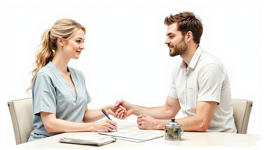 Professional maternity nurse conducting consultation interview with expectant parent at desk