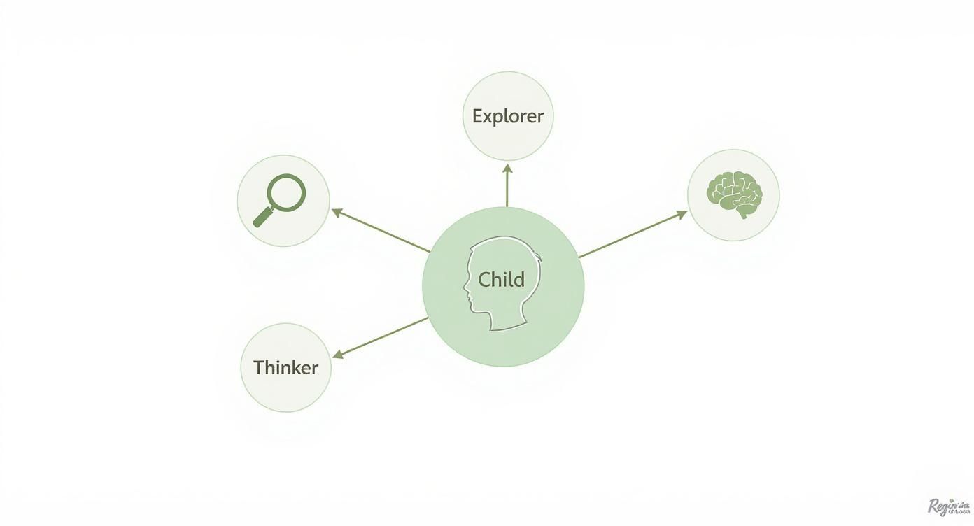 Diagram with 'Child' at center, arrows pointing to 'Explorer', 'Thinker', a magnifying glass, and a brain icon.