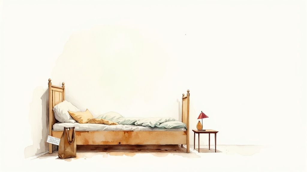 Watercolor painting of a simple wooden bed with light bedding, a bag, and a bedside lamp.