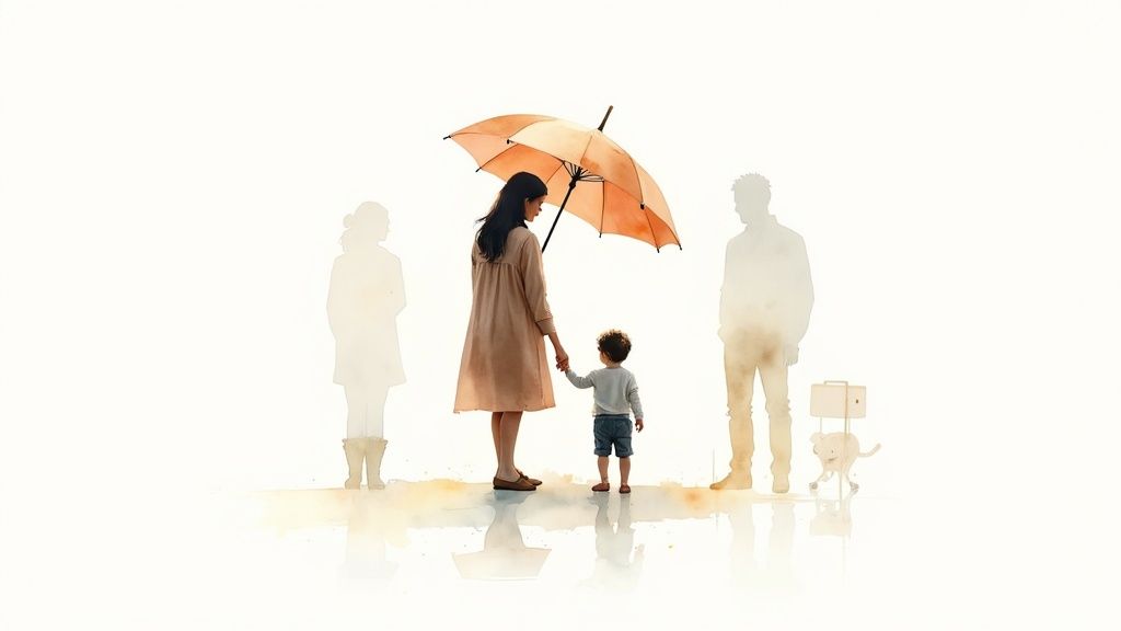 Watercolor illustration of a mother sheltering her child with an umbrella, amidst faint adult figures.