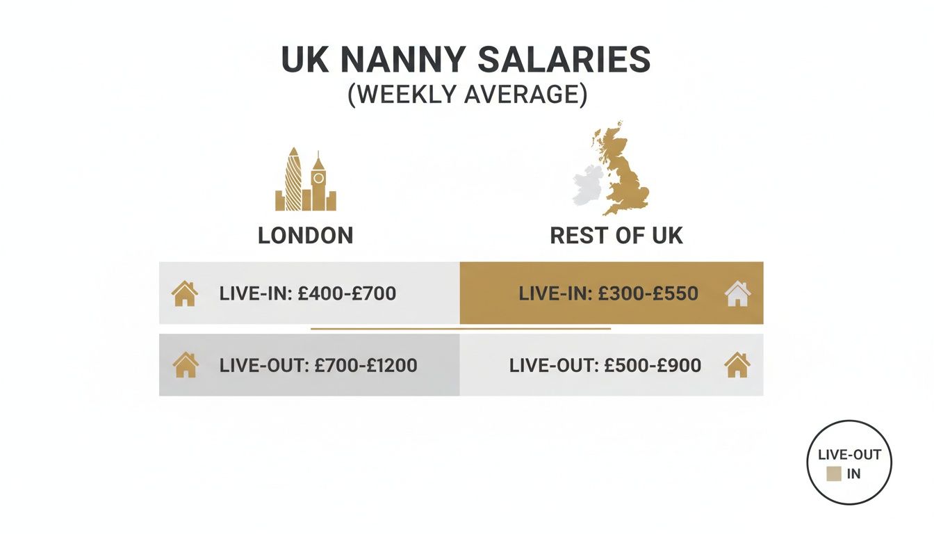 Infographic showing UK nanny weekly salaries, comparing London vs. Rest of UK for live-in and live-out positions.