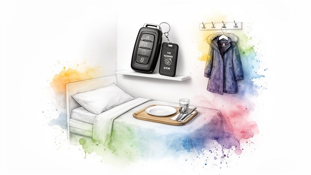 A watercolor illustration depicting bedroom essentials: a bed with a meal tray, car keys, and a winter coat.