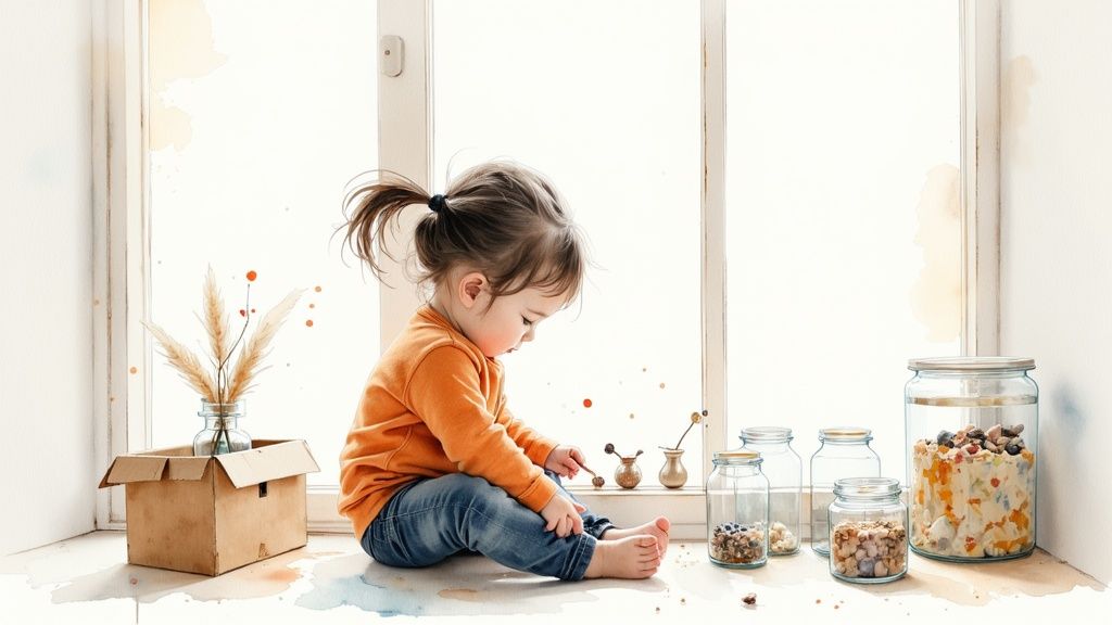 A toddler plays with jars of snacks and decorative grass on a bright window sill.