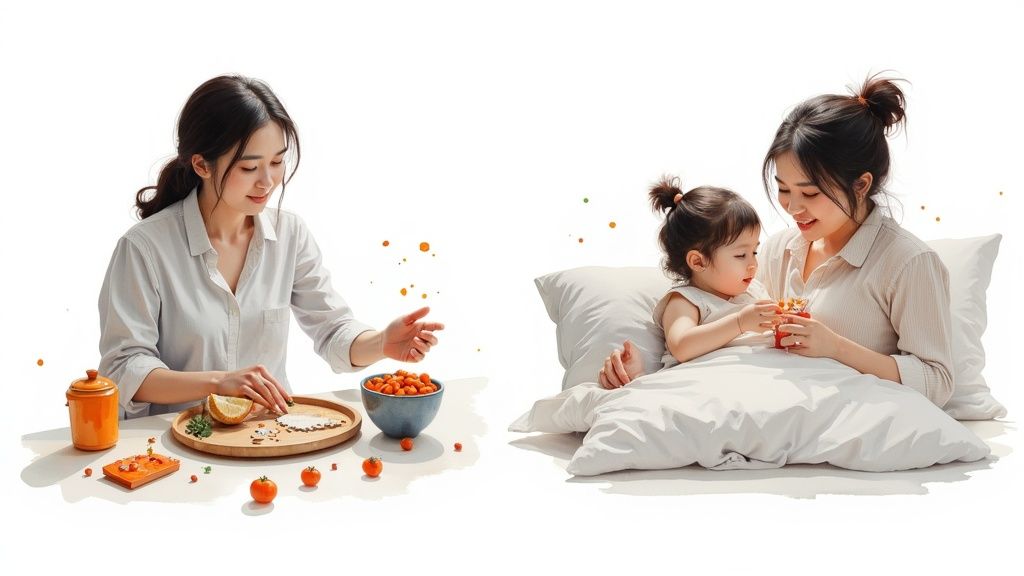A nanny and a child playing with educational wooden blocks on a colourful rug.