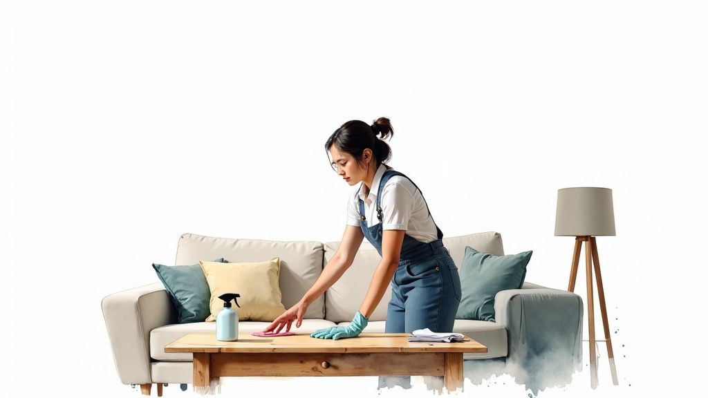 Professional housekeeper cleaning wooden coffee table with spray bottle and cloth in modern living room