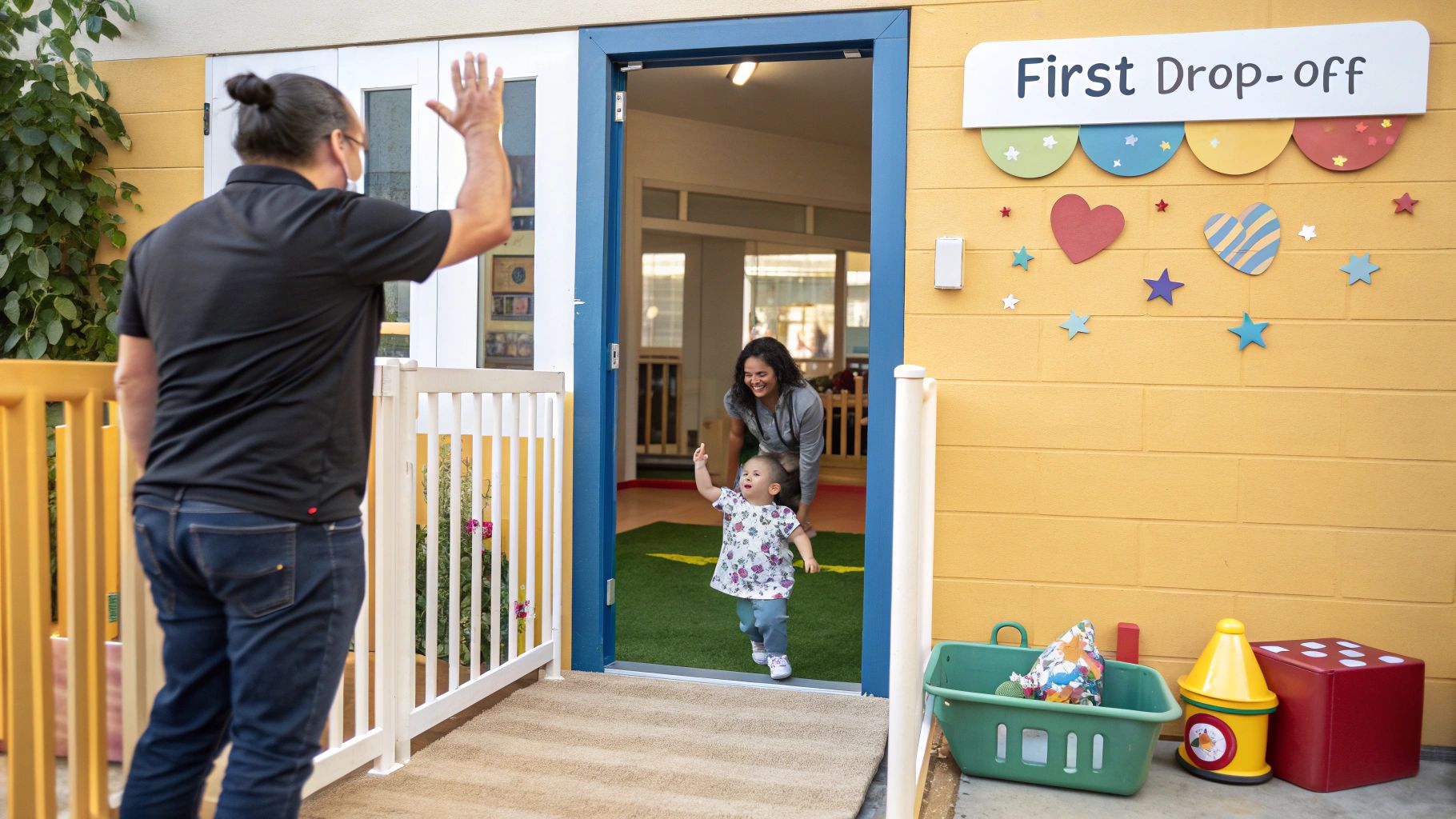 A nursery key worker talking warmly with a parent during a settling-in session.