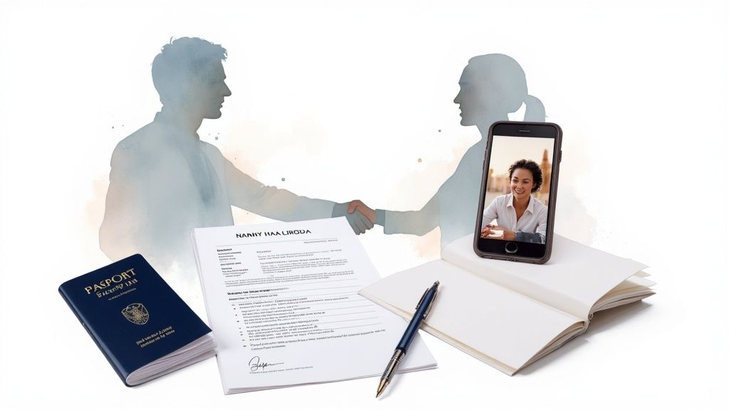 Travel nanny job interview with passport, resume, video call, and documents on desk