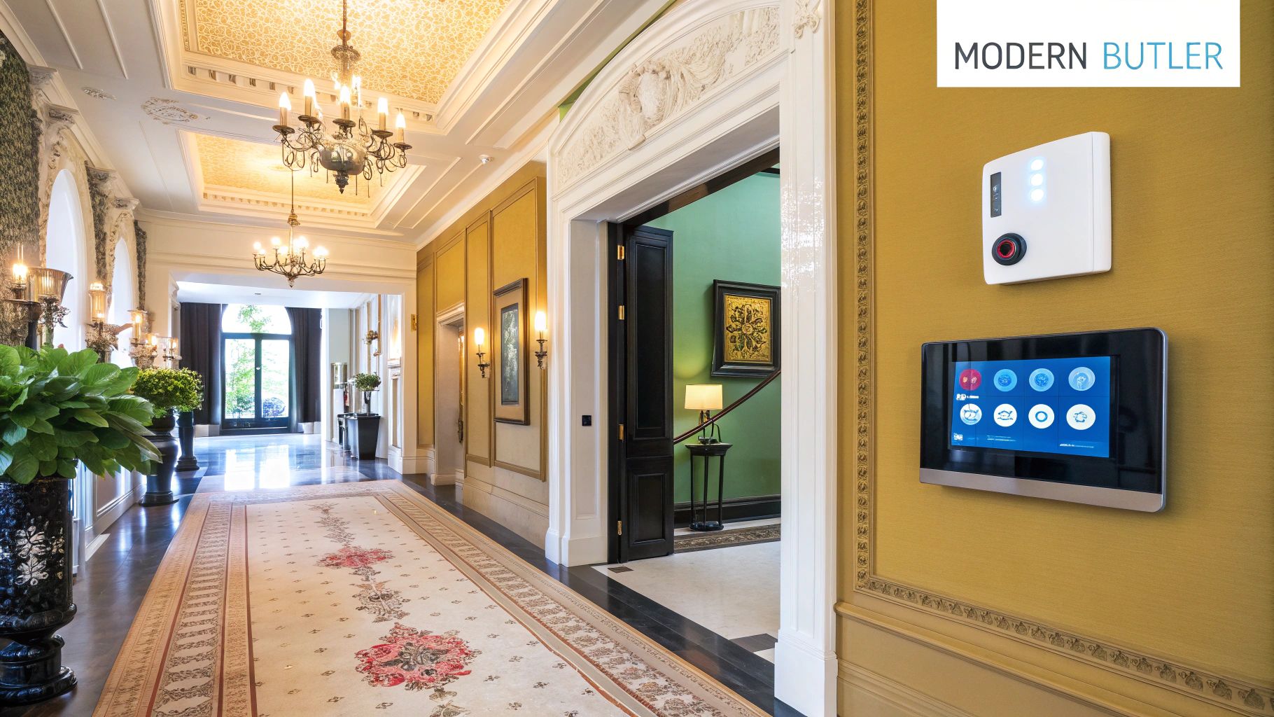A professionally dressed butler serving tea in an elegant, well-lit room.