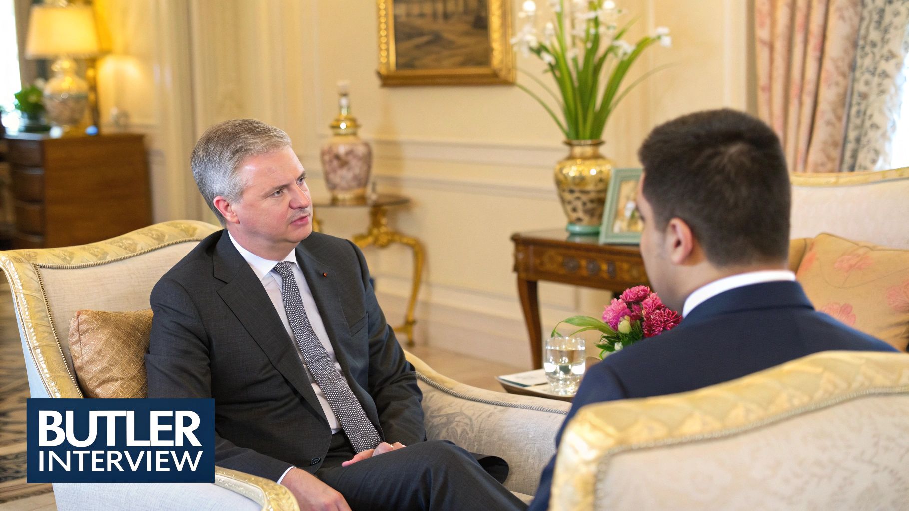 A butler and a potential employer shaking hands in a well-appointed, elegant room.