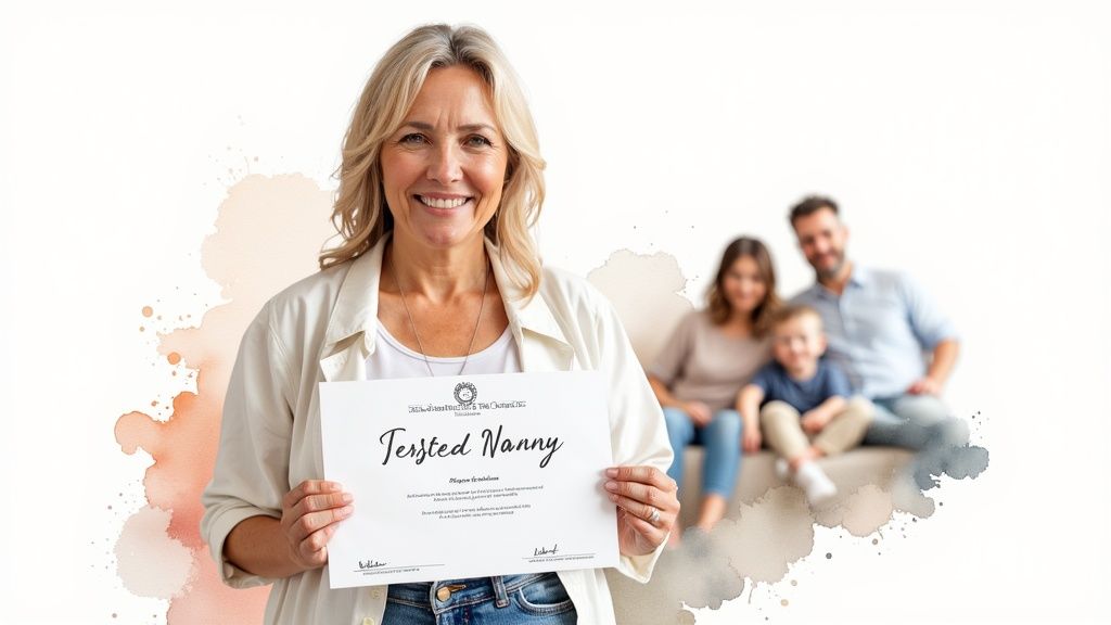 A nanny smiling warmly while holding a young child's hand