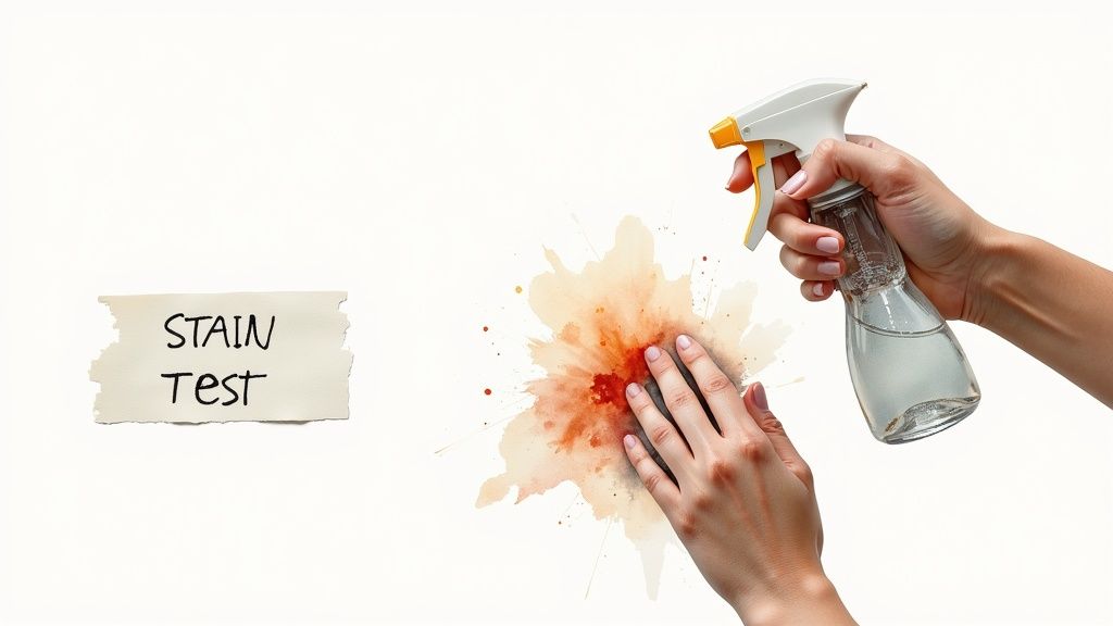 Hands performing a stain test with a spray bottle on a brown liquid stain and a 'STAIN Test' label.