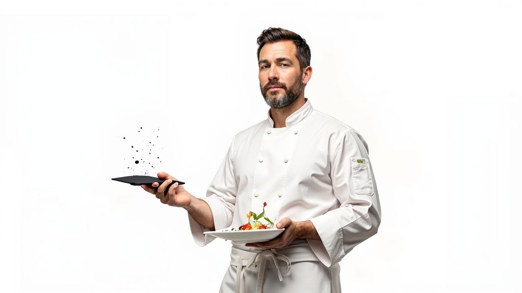 A Michelin-level chef meticulously adds garnish to a dish with tweezers.