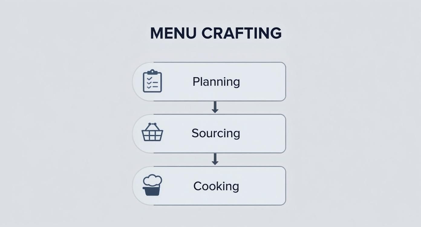 Infographic showing the hierarchy of menu crafting starting with Planning, then Sourcing, and finally Cooking.