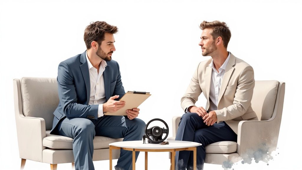 A professional driver being interviewed in a comfortable office setting.