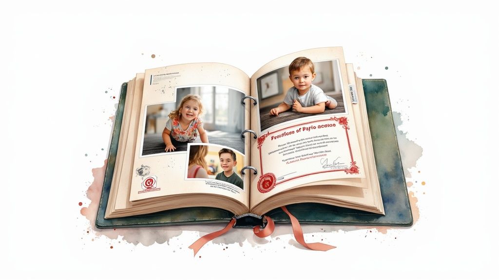 A nanny creating a professional portfolio on a laptop, with photos and documents laid out on the table.