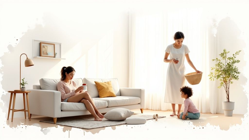 Two women and a child in a bright, modern living room, depicting daily home life.